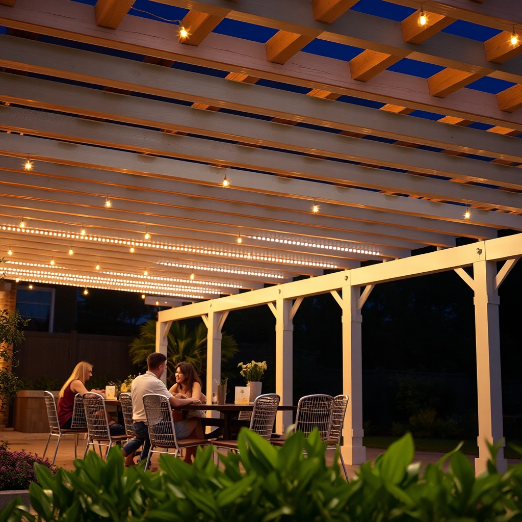 Close-up of Sun Garden Royal pergola with under-roof halogen heaters and LED strip lights