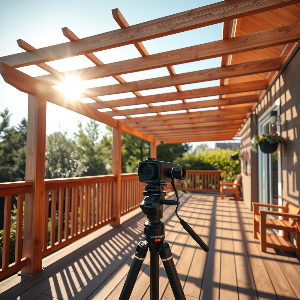 A photorealistic photo of Sun Garden Royal pergola during a sunny summer day