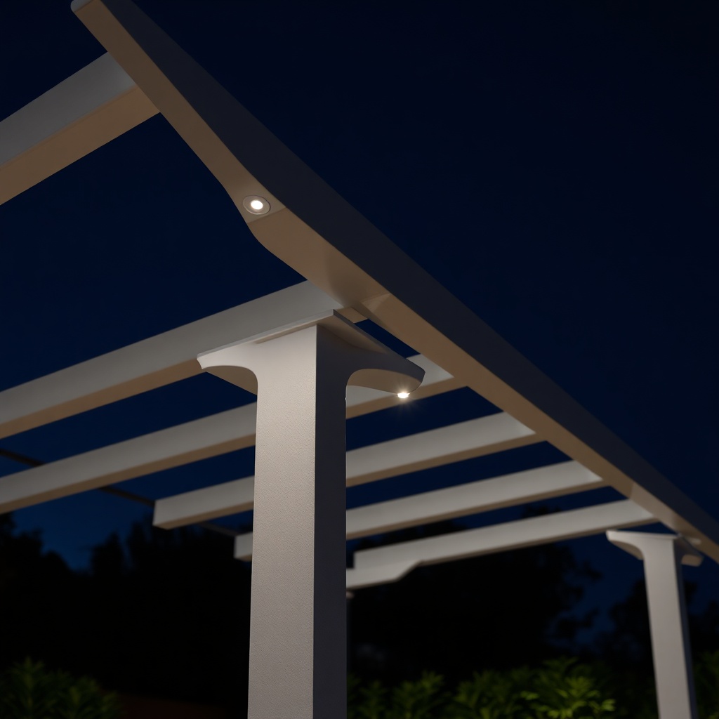 A photorealistic night shot of Sun Garden Royal pergola with integrated LED lighting