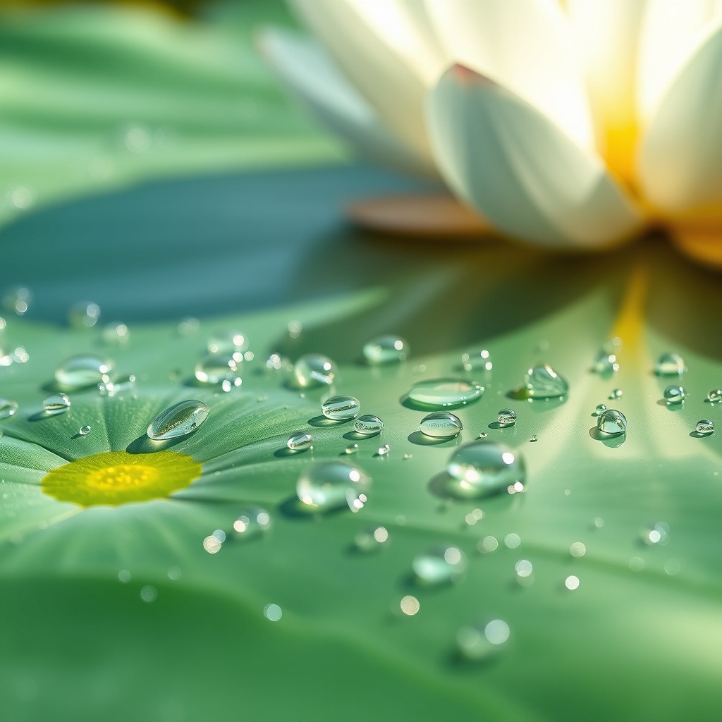 <photorealistic photo of water beading on Sun Garden Royal surface with lotus effect