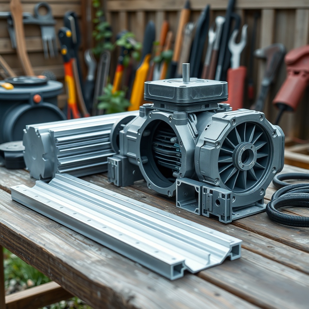 Clean photorealistic photo of aluminum profiles and motor mechanism laid out on a garden t