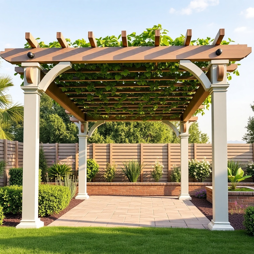 Clean photorealistic photo of a completed Sun Garden Royal pergola in a garden setting