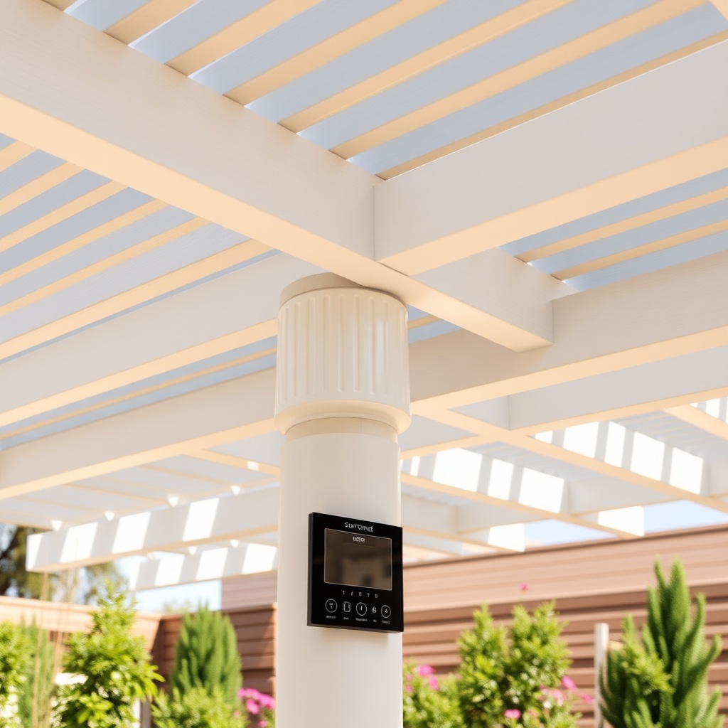 <clean photorealistic photo of a Sun Garden Royal pergola with motorized louvered roof ope