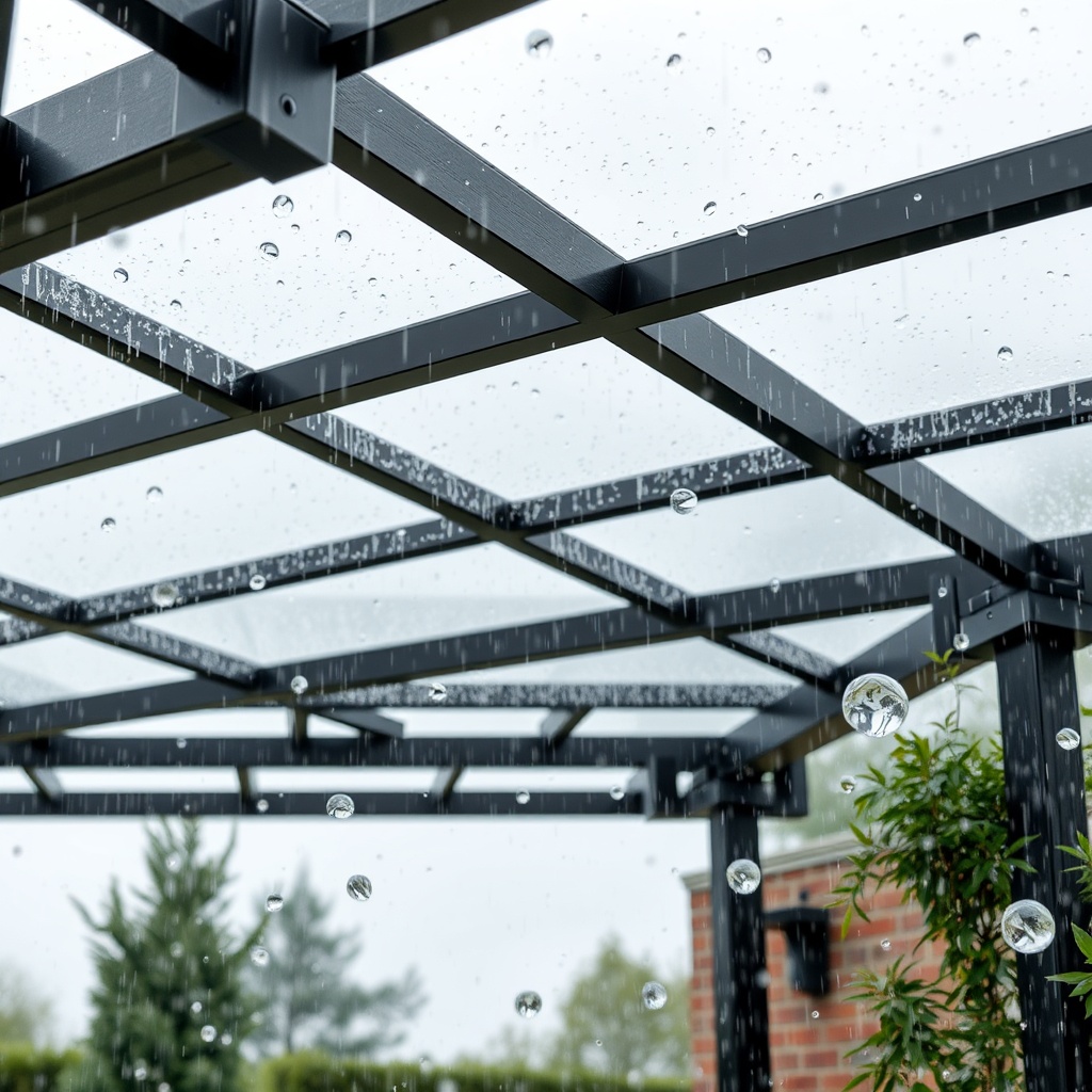 <photorealistic image showing a Sun Garden Royal pergola during a hailstorm