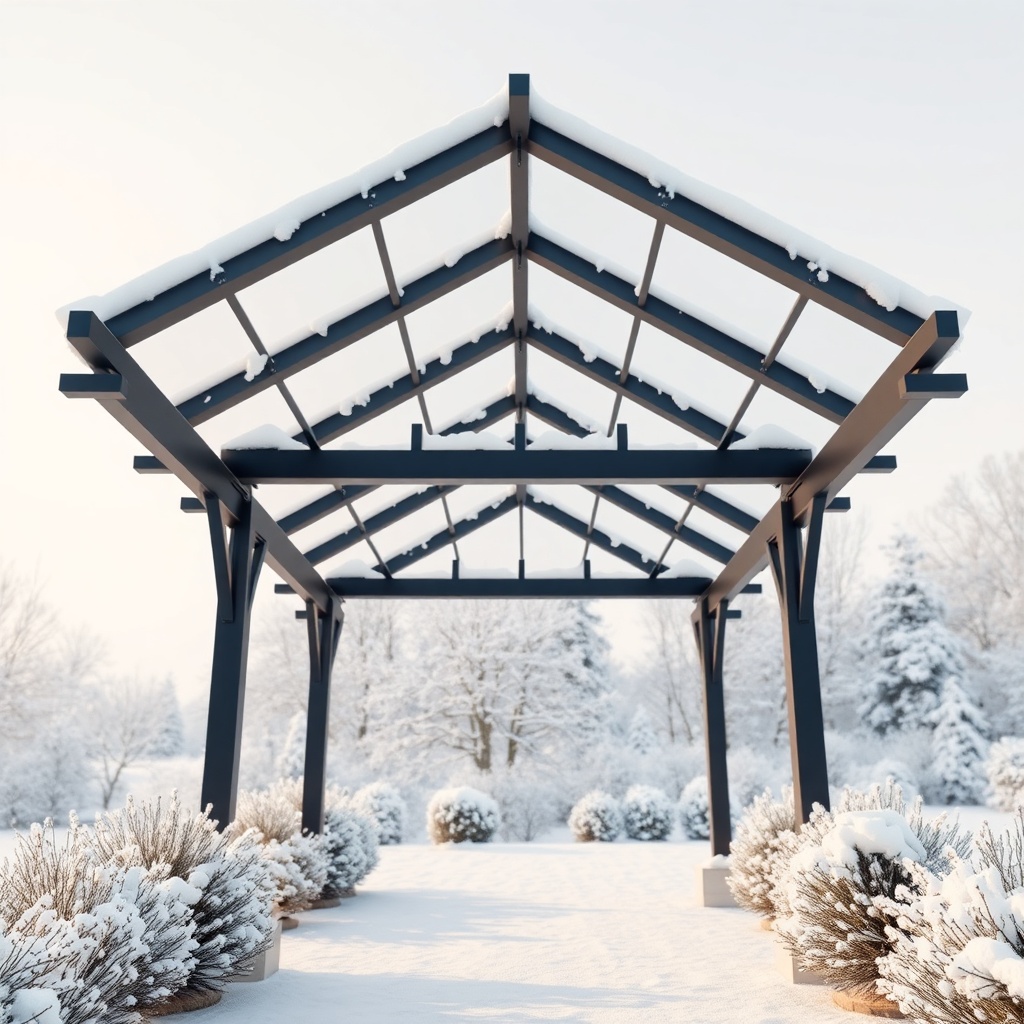 <photorealistic image of a Sun Garden Royal pergola covered in snow