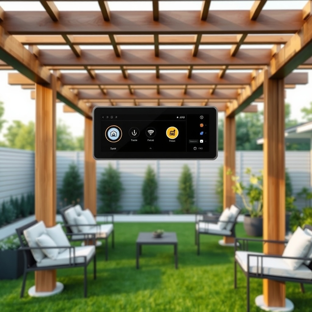 clean photorealistic photo of Sun Garden Royal pergola with motor control panel showing up