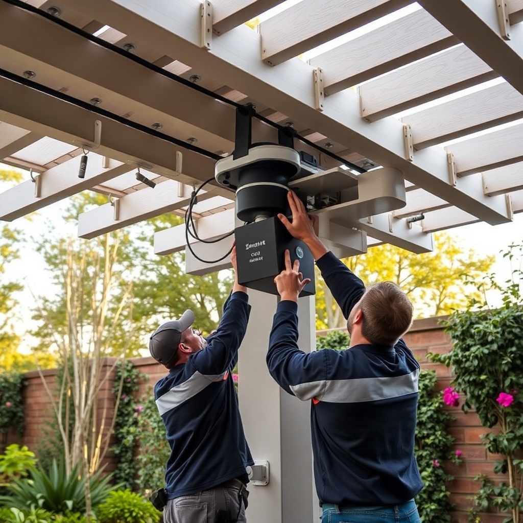 clean photorealistic photo of Sun Garden Royal pergola motor installation process showing