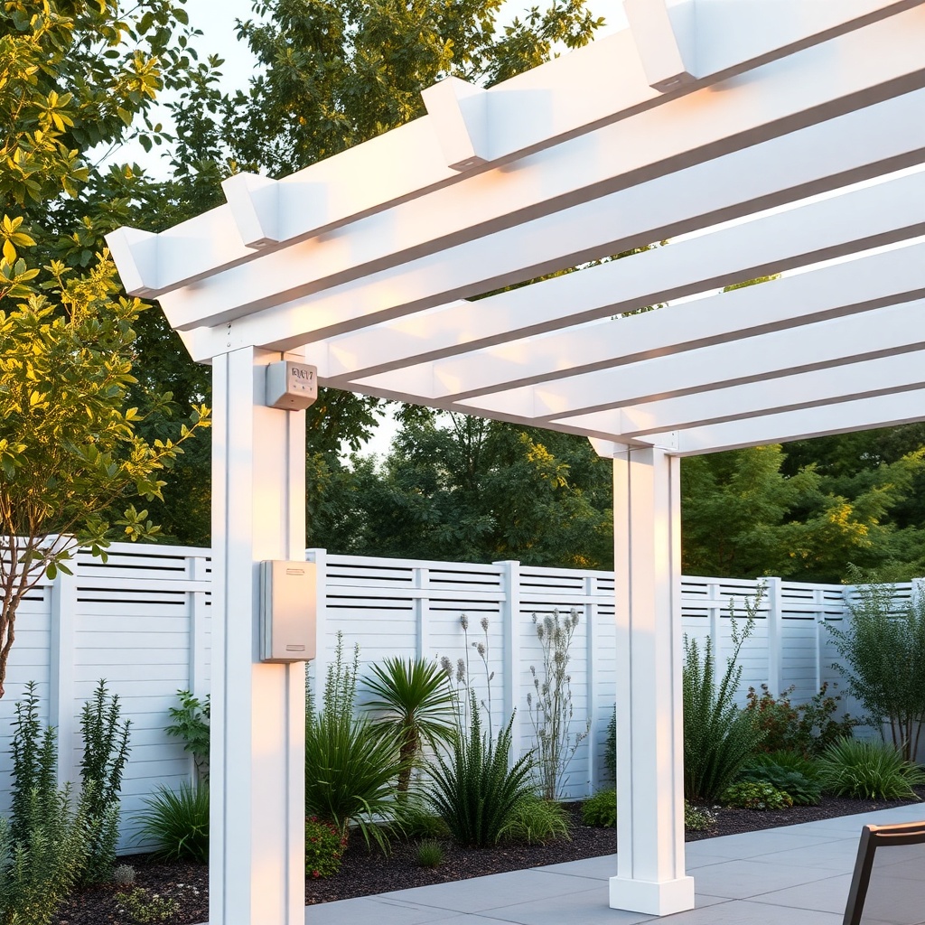 <A pristine white Sun Garden Royal pergola in a modern garden setting