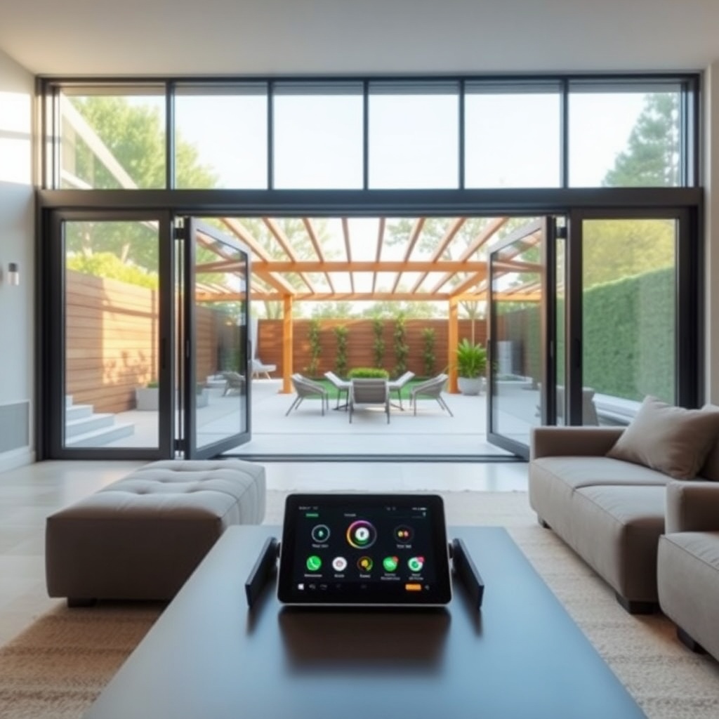<A modern living room with large glass doors opening to a garden