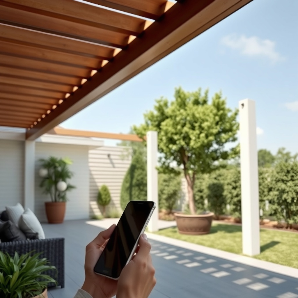 Geniş bir terasta monte edilmiş Sun Garden Royal pergolanın motor kutusu ve otomasyon pane