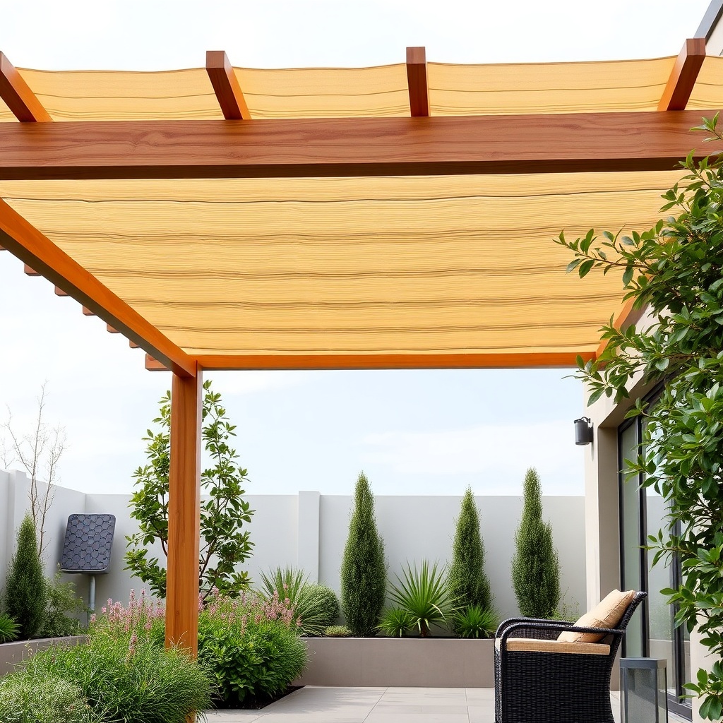 <clean photorealistic photo of Sun Garden Royal pergola with motorized louvres in a modern