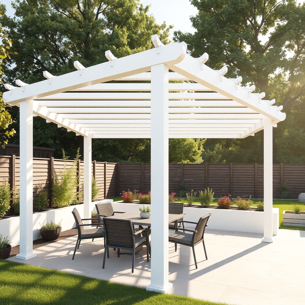 A wide angle shot of a Sun Garden Royal pergola installed in a minimalist garden