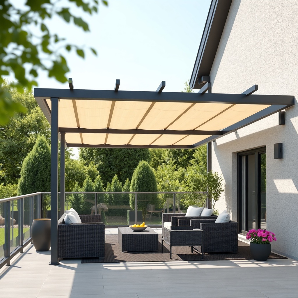 <clean photorealistic photo/illustration of a Sun Garden Royal bioklimatik pergola with ad