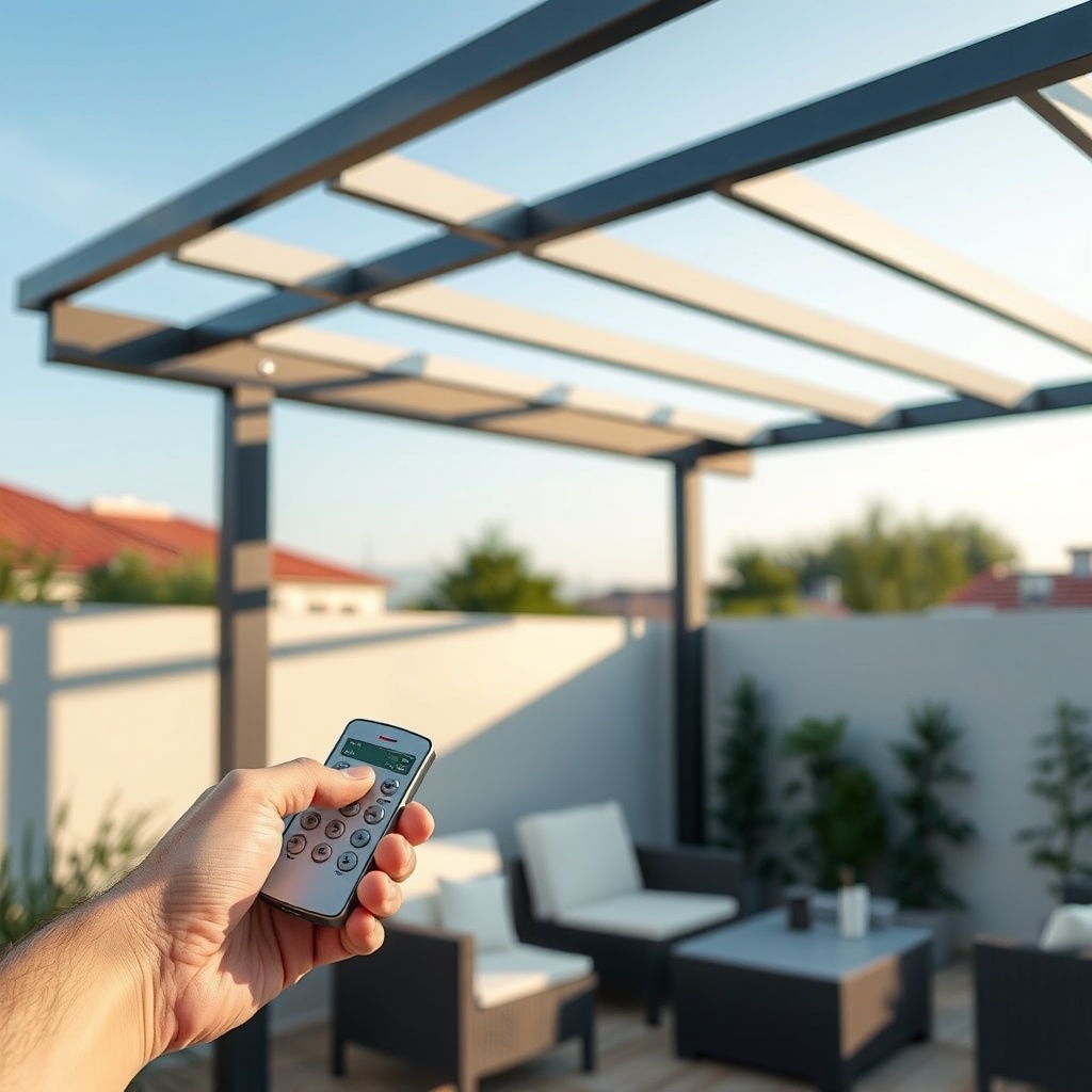 <clean photorealistic photo/illustration of a Sun Garden Royal pergola motor unit with vis
