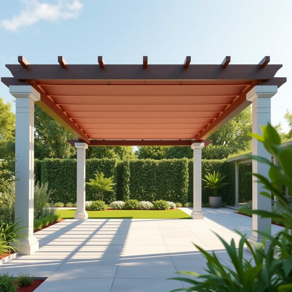 <photorealistic photo/illustration showing a modern Sun Garden Royal pergola with retracta