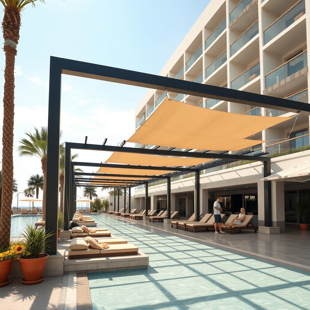 <photorealistic photo/illustration showing a commercial space like a hotel poolside with a