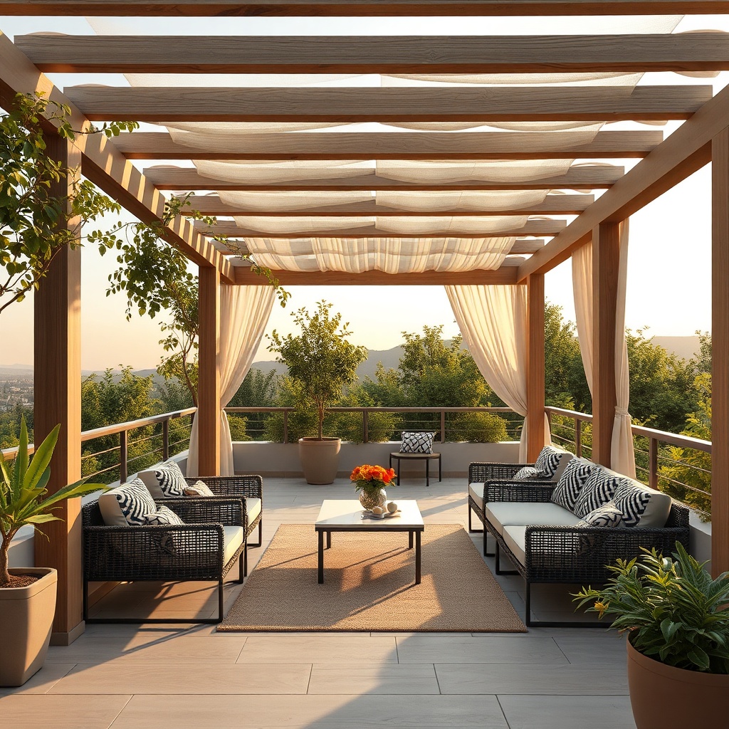 Modern bir evin terasında Sun Garden Royal pergola