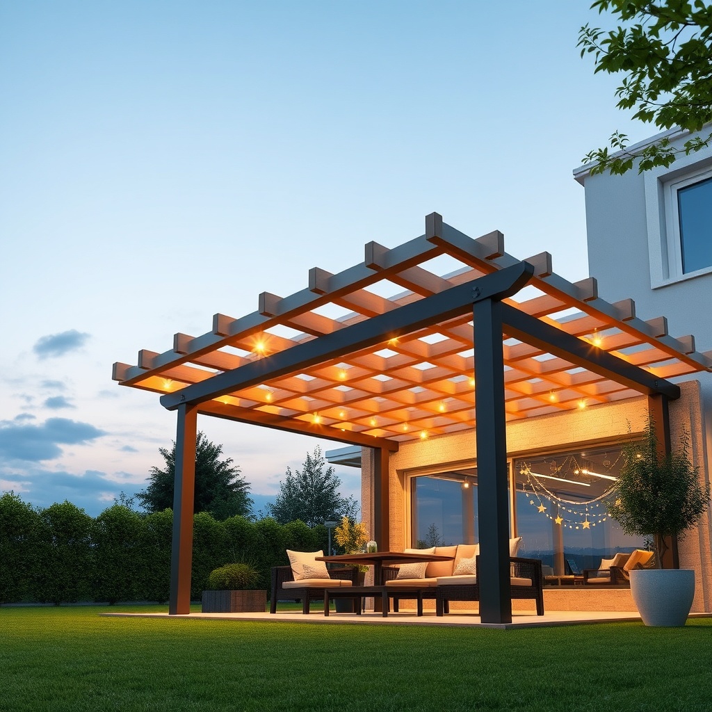 Sundepot Grand pergola altına monte edilmiş yan perdeler ve LED aydınlatma şeritleri