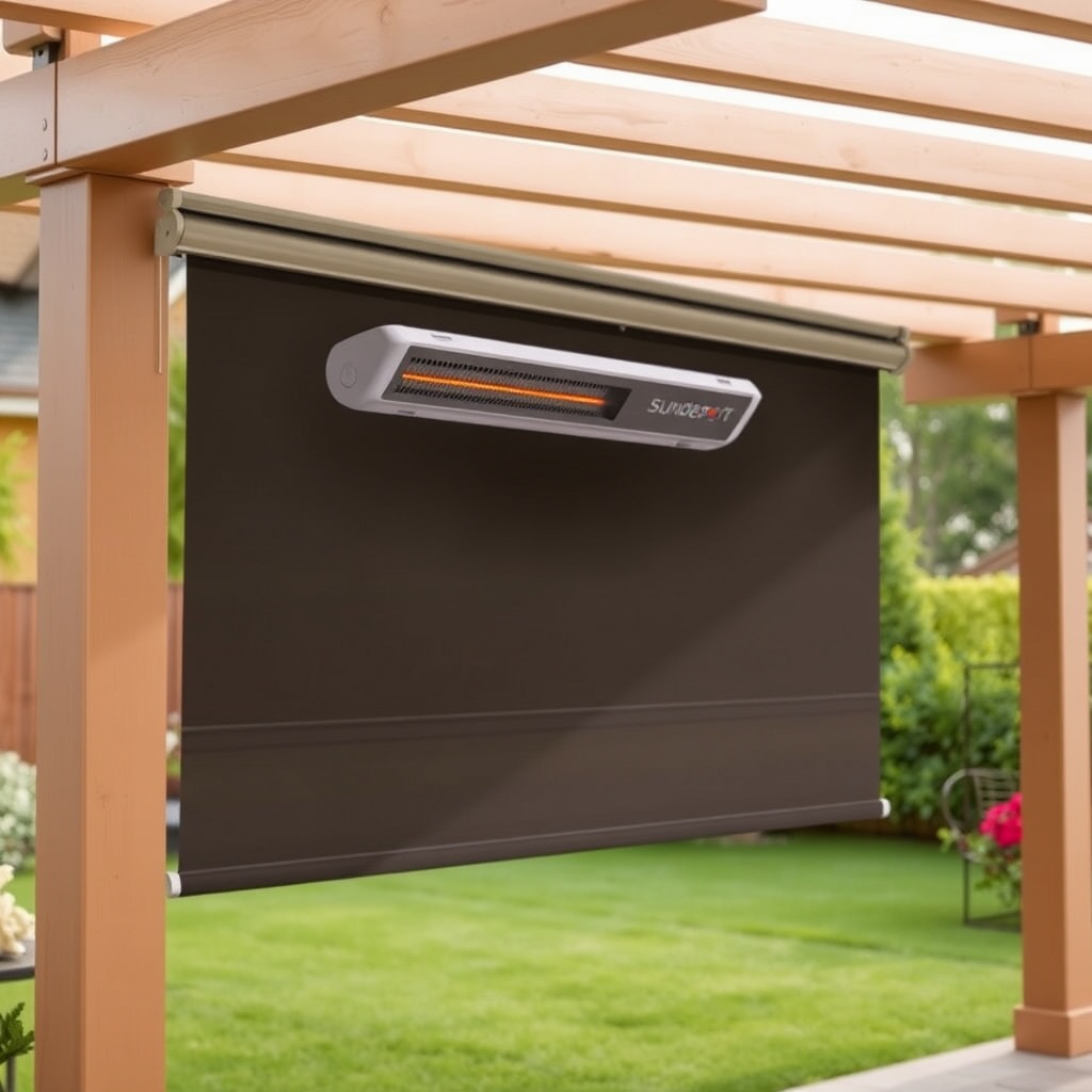 A clean photorealistic photo of a Sundepot Grand pergola with motorized zip screens partia