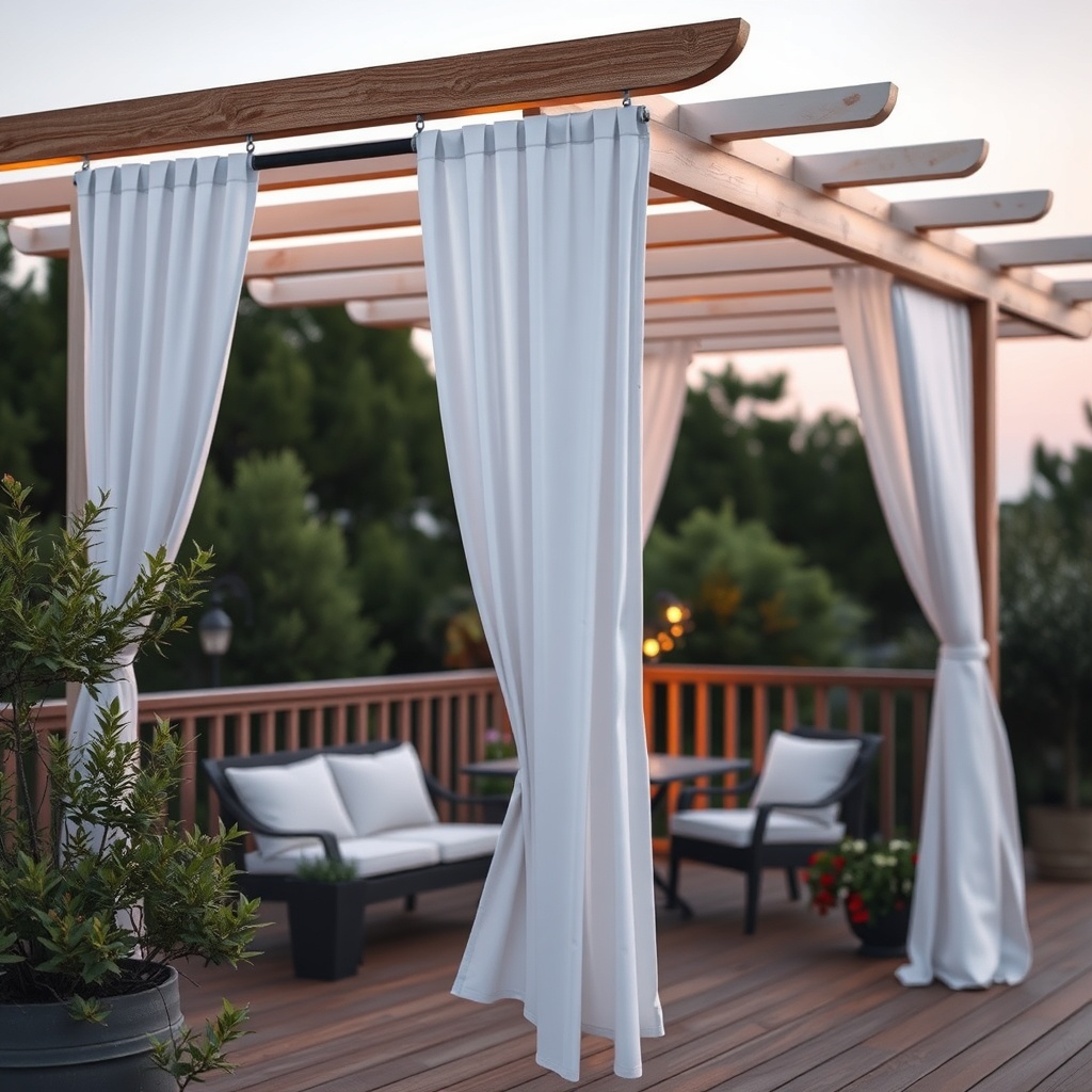 A clean photorealistic photo of a Sundepot Grand pergola with white side curtains partiall