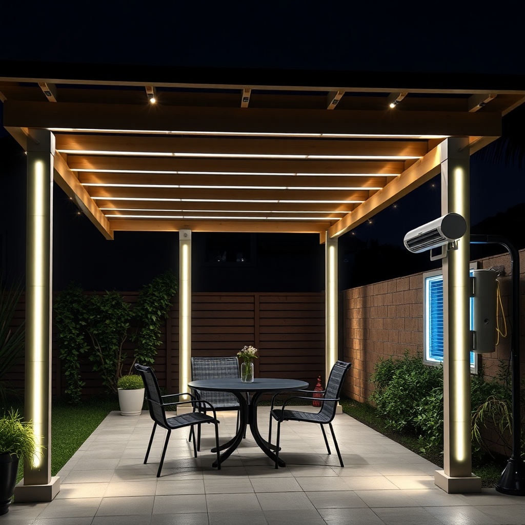 A clean photorealistic photo of a Sundepot Grand pergola at night with LED strip lights il