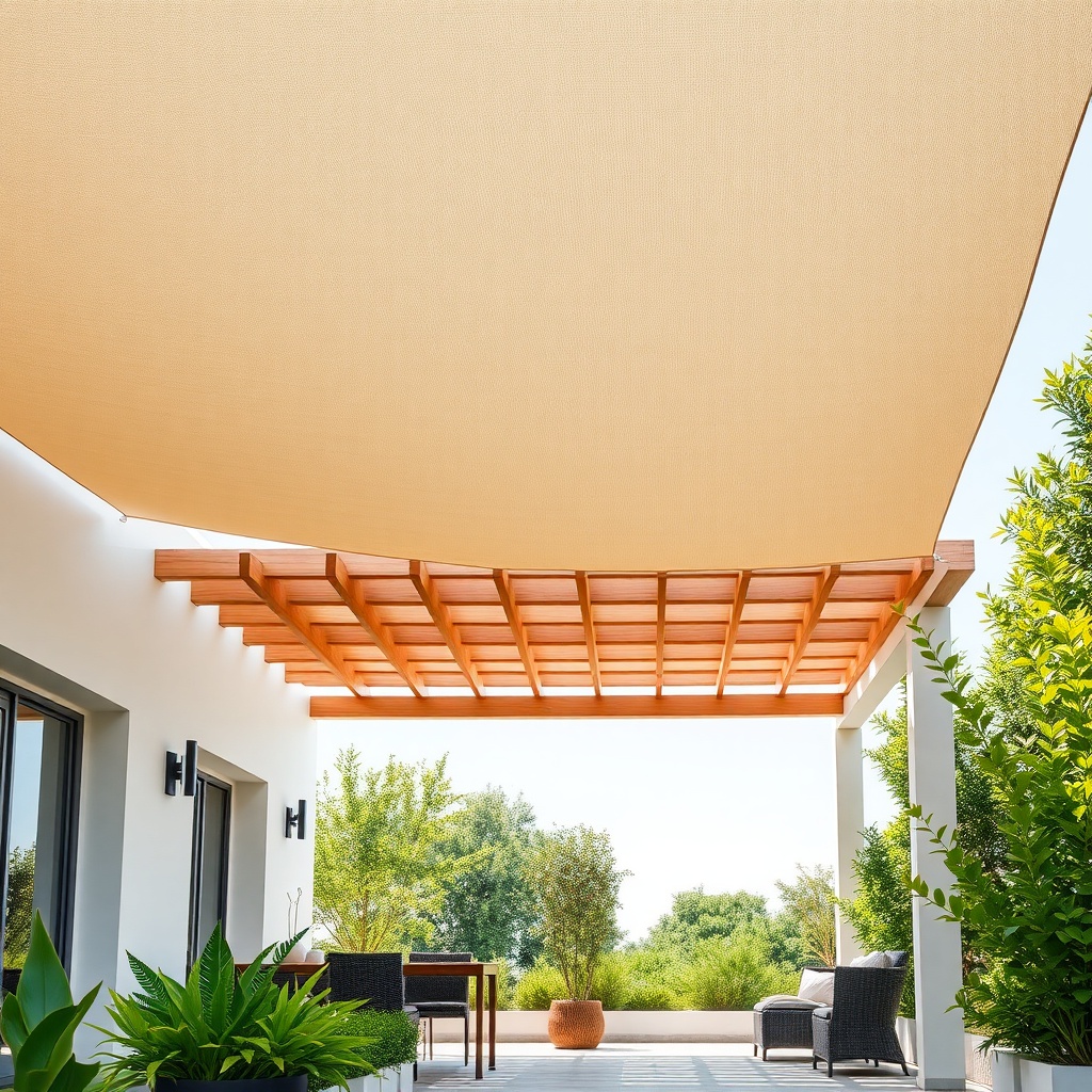 photorealistic photo of a modern Sundepot Grand pergola system installed on a villa terrac