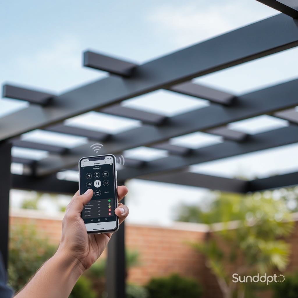 photorealistic photo of a person using a smartphone to control the Sundepot Grand pergola