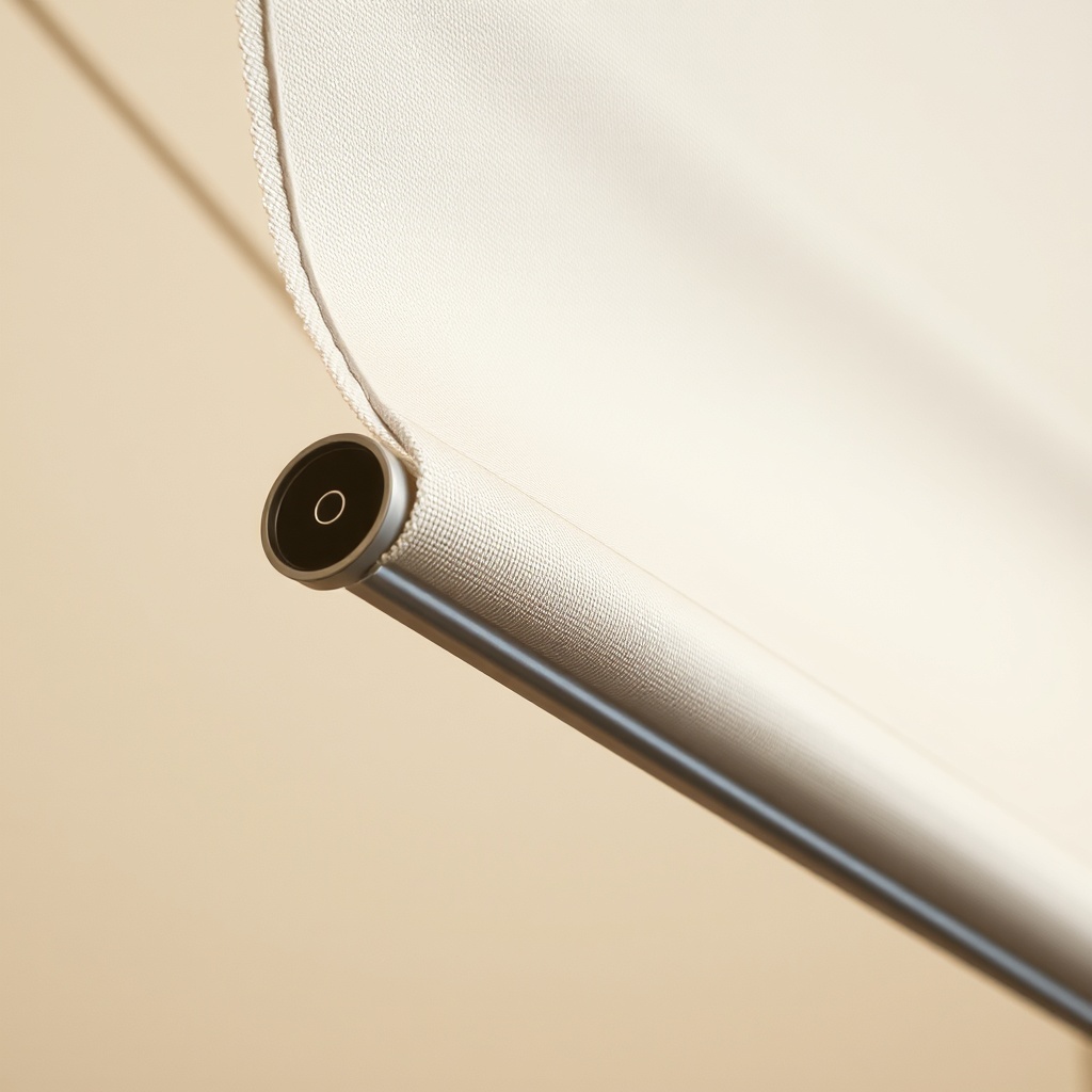 A photorealistic close-up of Sundepot Grand's aluminum profile and tente fabric rolling me