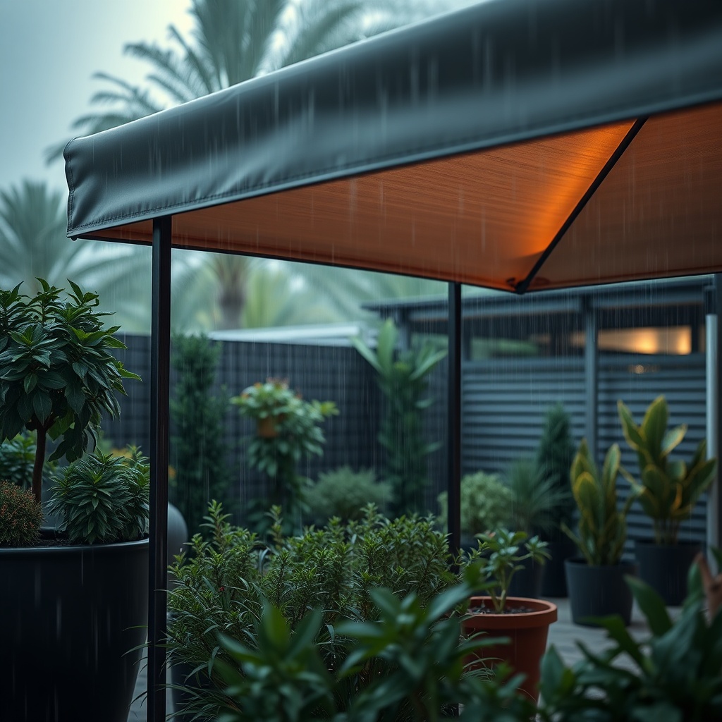 A photorealistic outdoor shot of Sundepot Grand in light rain