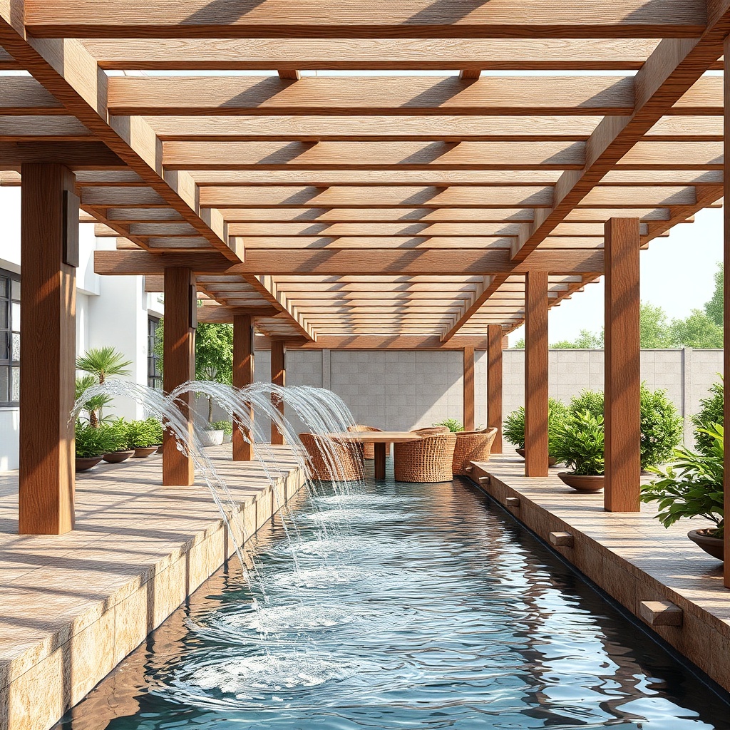 A photorealistic illustration of water drainage channels on a Sundepot Grand pergola