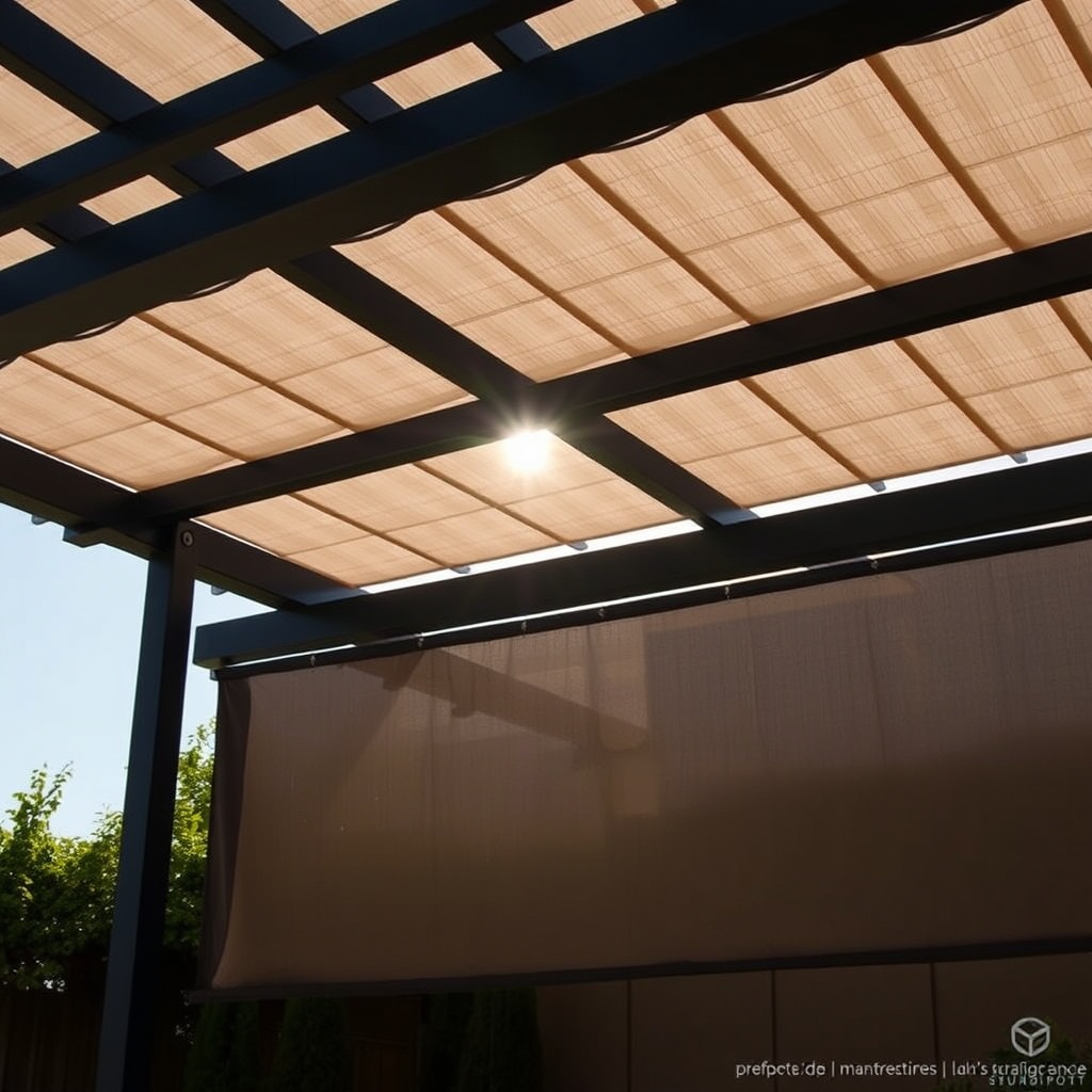 A photorealistic photo of a Sundepot Grand pergola with accessories like a zip-screen curt