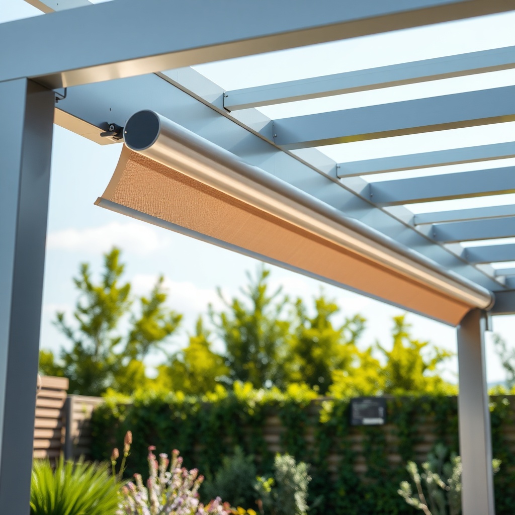 A photorealistic photo of a modern Sundepot Grand pergola in a garden