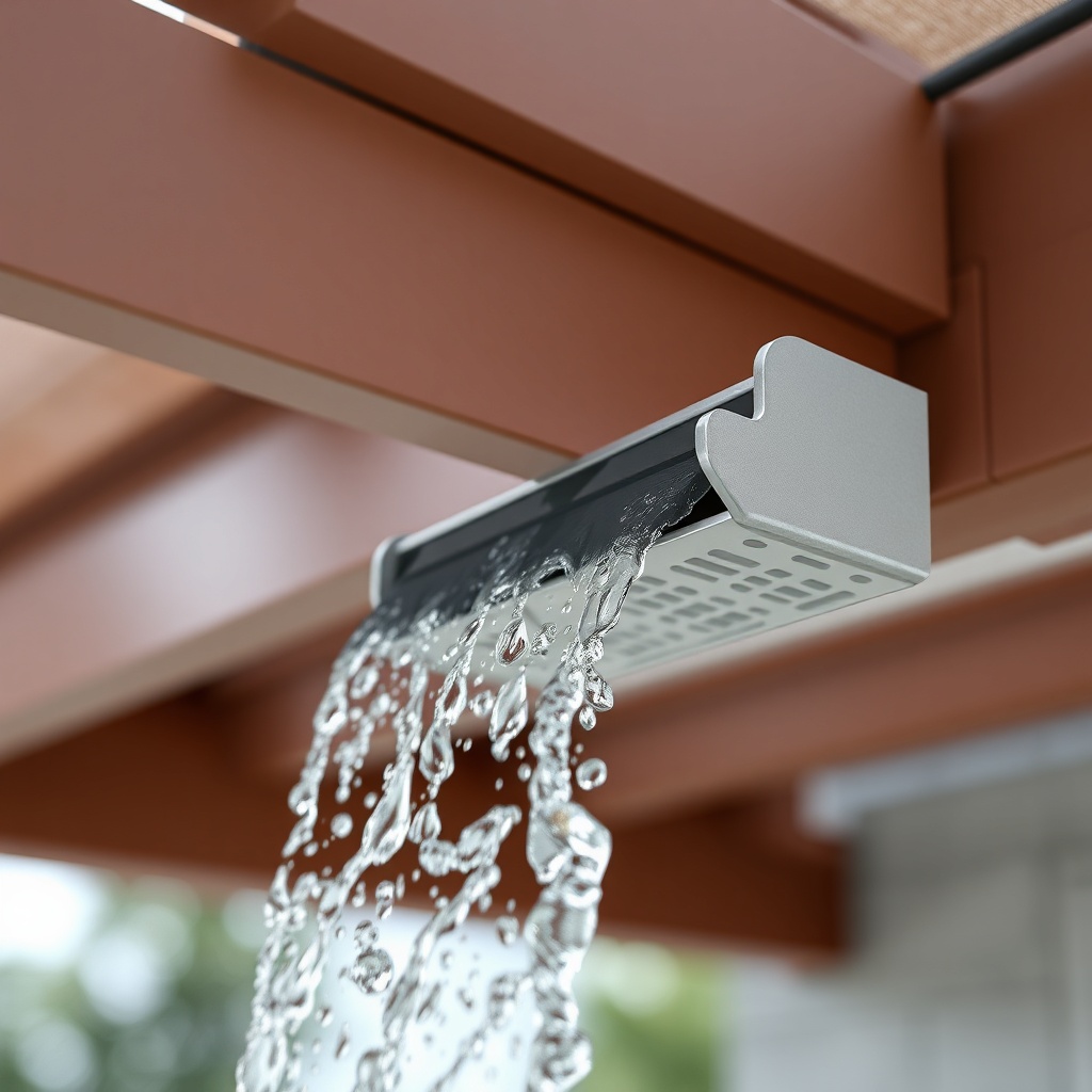A close-up photorealistic photo showing water flowing through a hidden gutter system of a