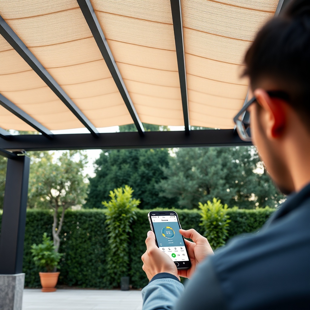 clean photorealistic photo of a Sundepot Grand pergola with a person using a smartphone to