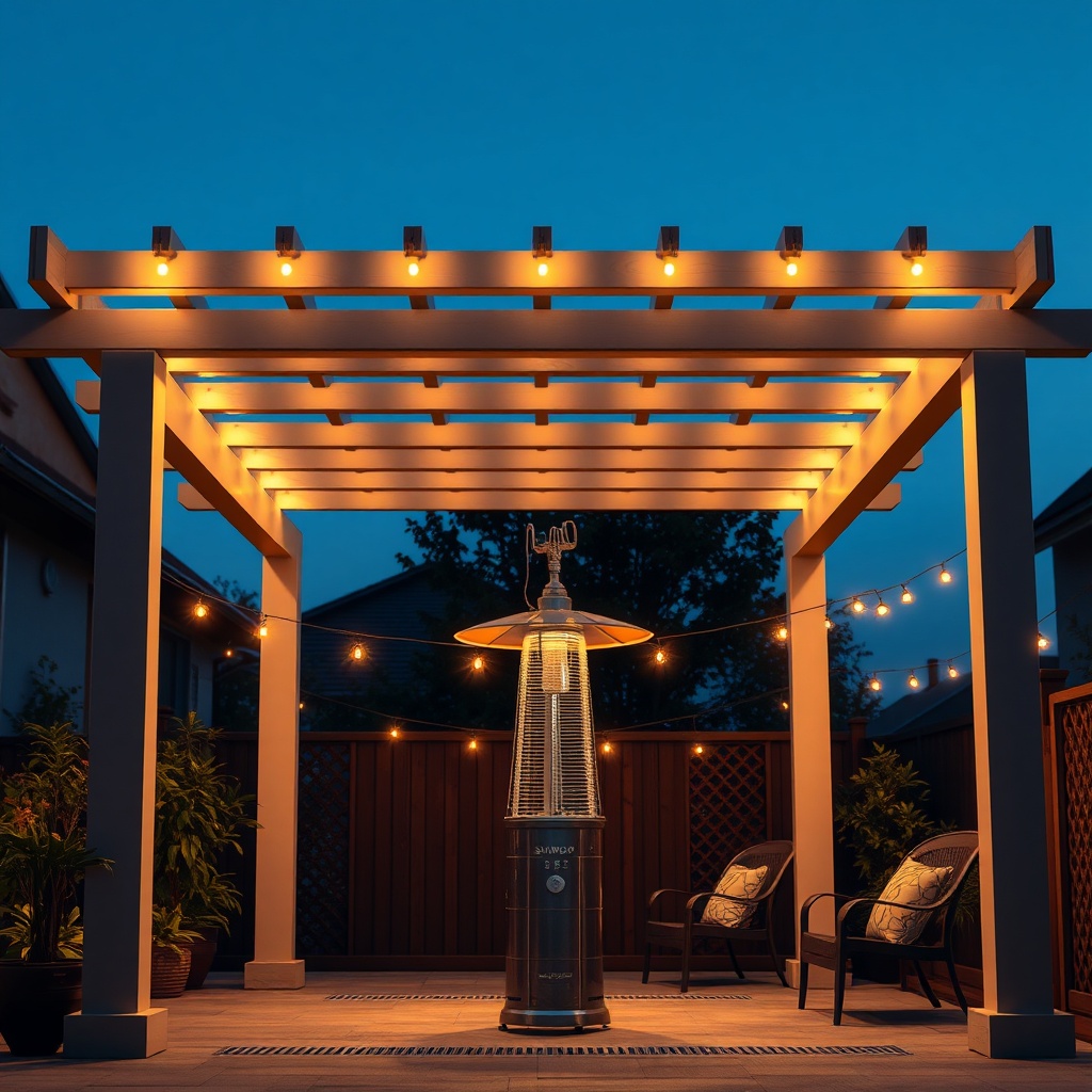 clean photorealistic photo of a Sundepot Grand pergola with LED lighting and a heater inst