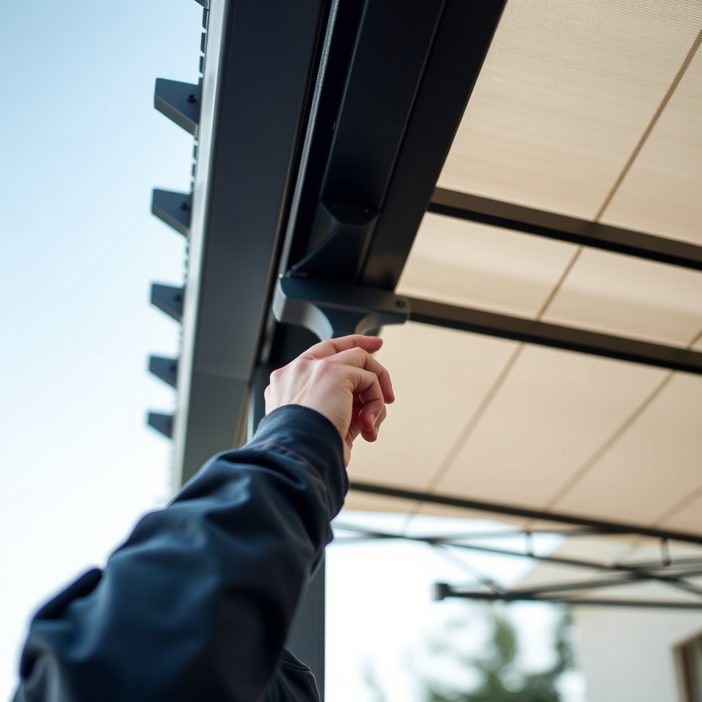 A photorealistic image of a technician adjusting the motor limit switch on a Sundepot Gran