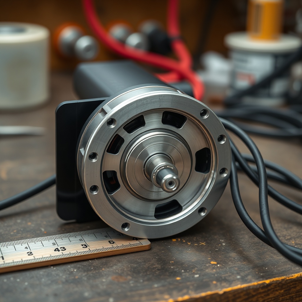 A clean photorealistic close-up of a tubular BLDC motor lying on a workbench