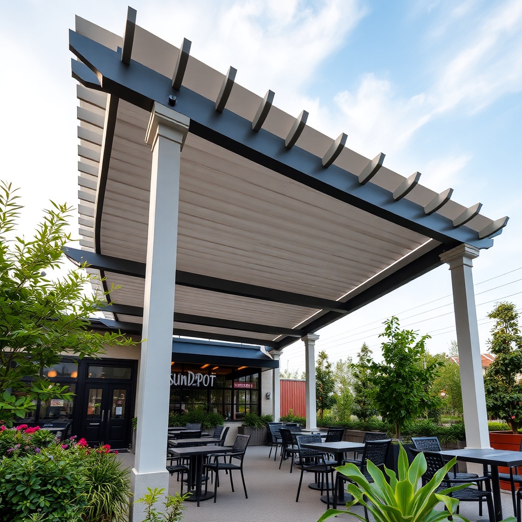 Sundepot Grand pergola integrated into a commercial restaurant garden