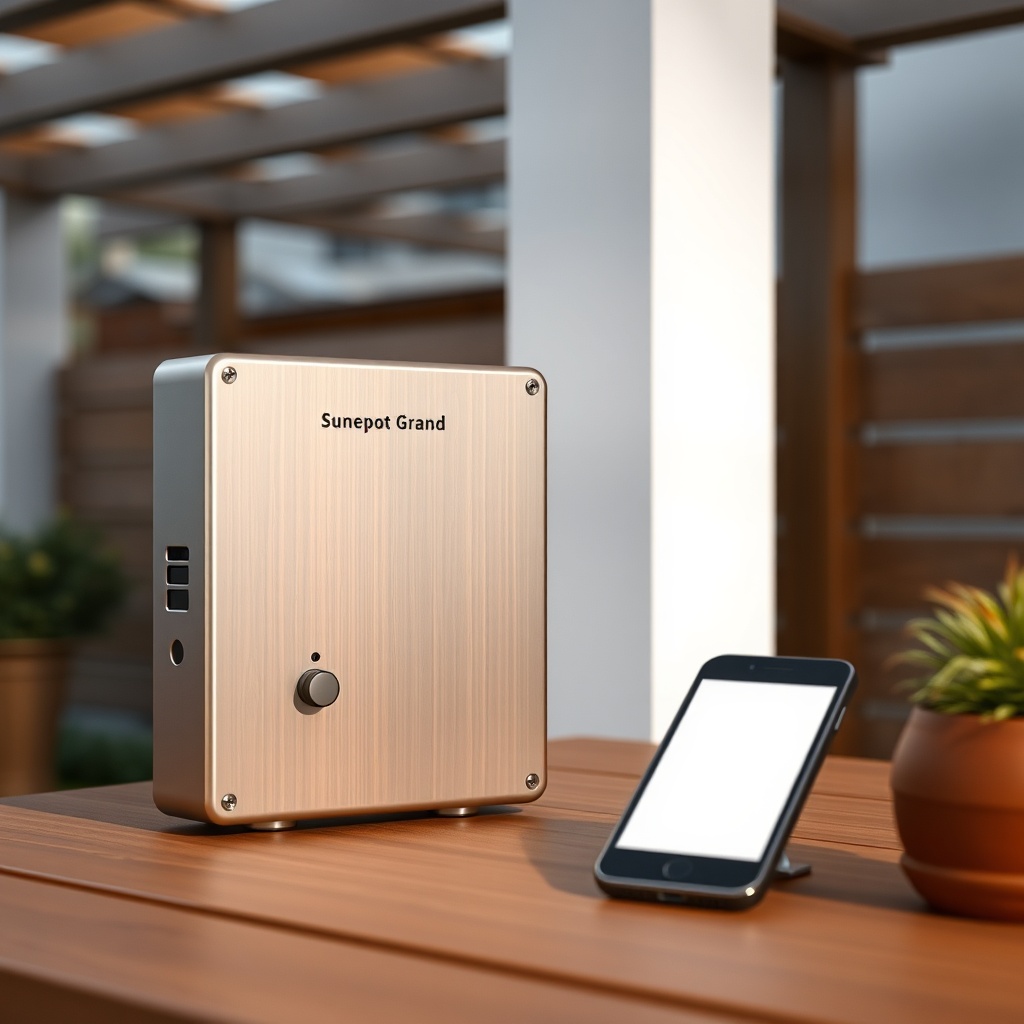 <A photorealistic close-up of a Sundepot Grand pergola motor control box