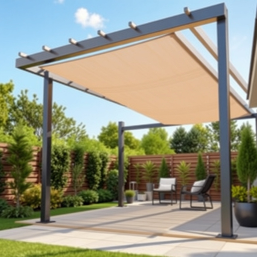 <photorealistic photo of Sundepot Grand pergola in a sunny garden with aluminum structure