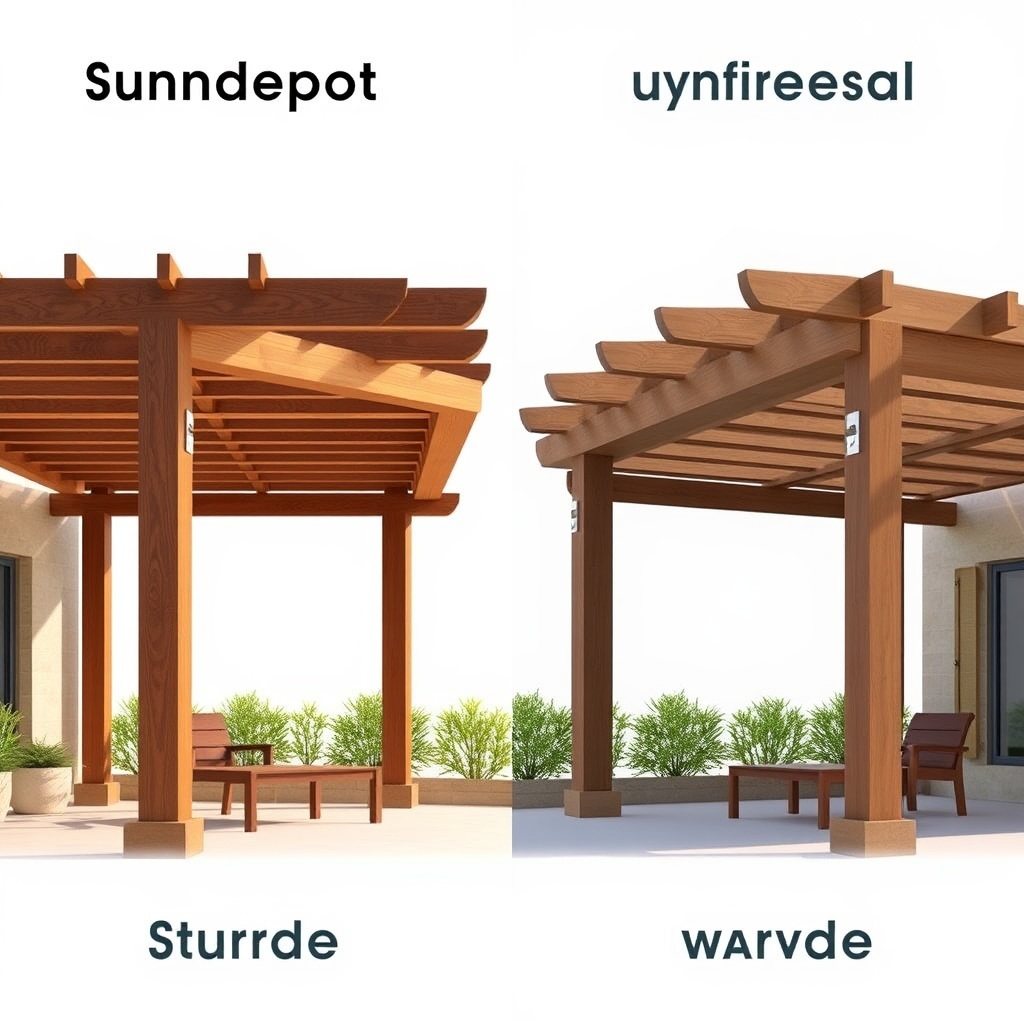 <photorealistic photo of Sundepot Grand compared side-by-side with another pergola model