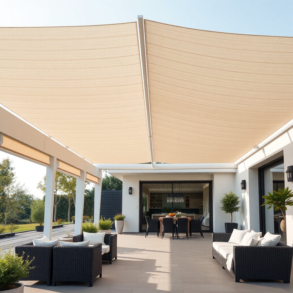 A photorealistic wide shot of a Sundepot Grand pergola spanning 6 meters over a modern ter