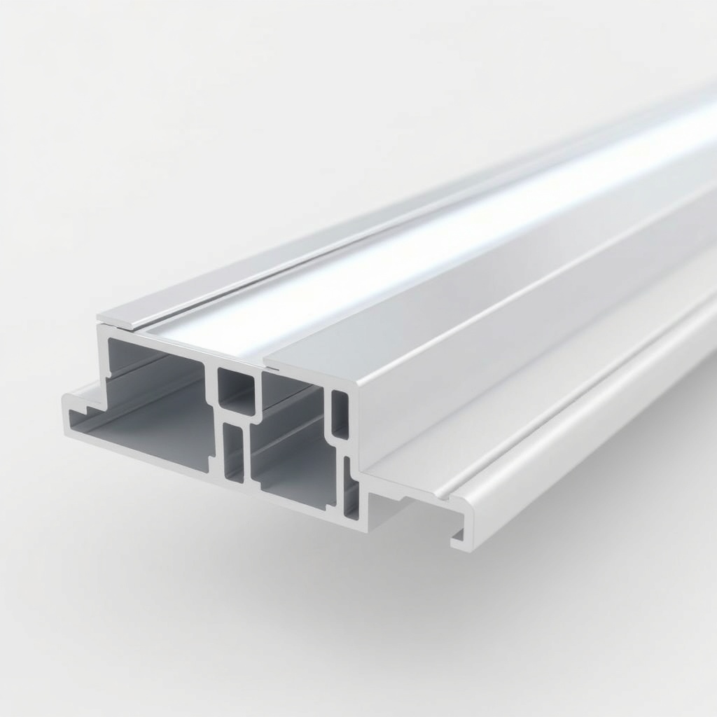 A photorealistic close-up of Sundepot Grand aluminum profile showing integrated LED light