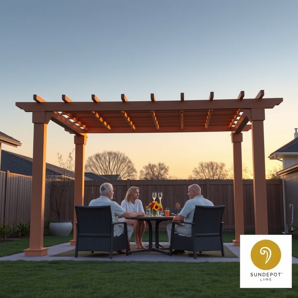 <A photorealistic image of a Sundepot Grand pergola in a backyard